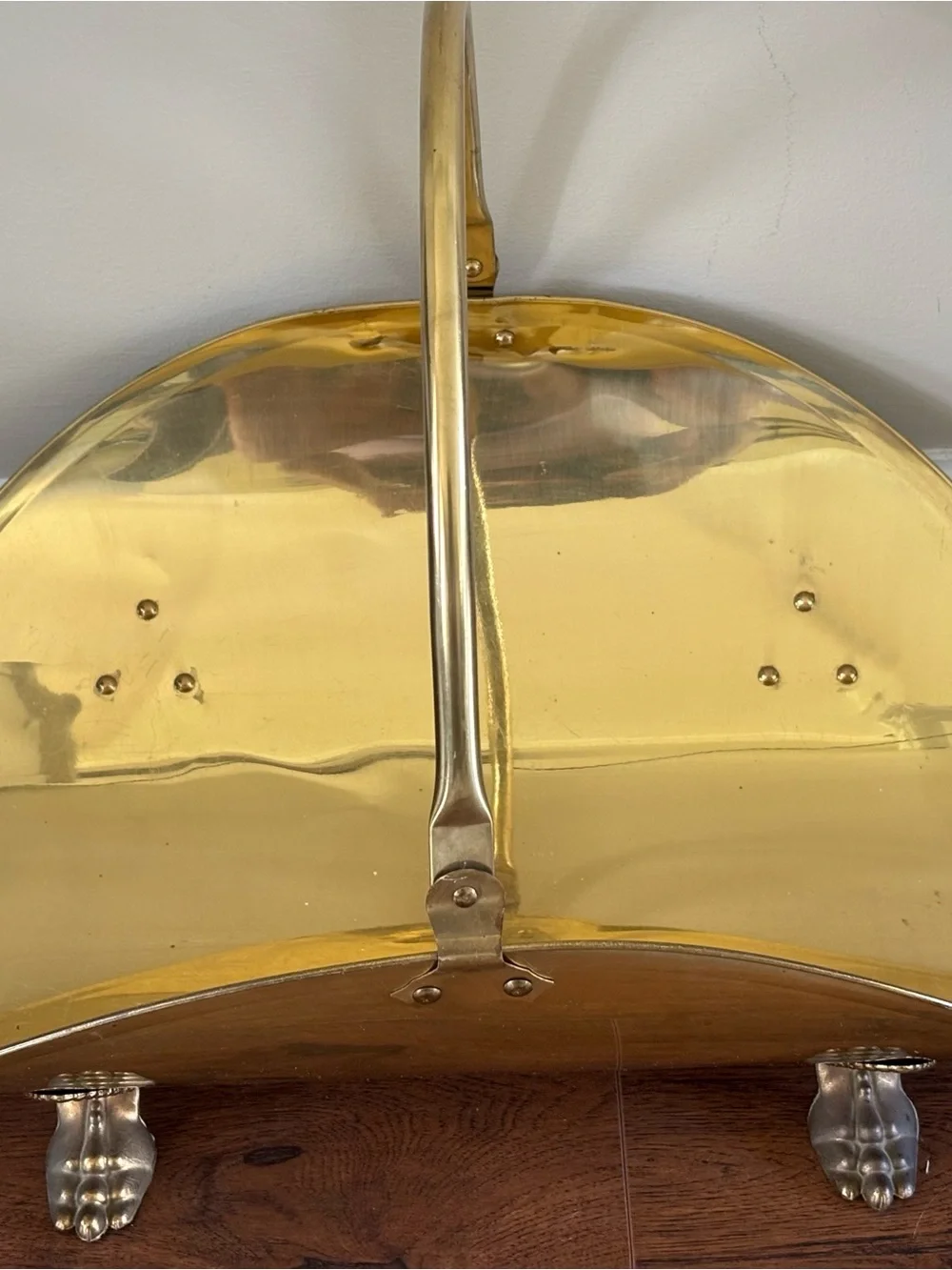 Brass Fireplace Log Holder with Claw Feet - Gold & Wood